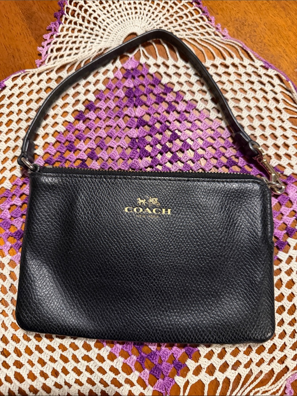 Coach Black Pebbled Leather Wristlet with Gold Logo